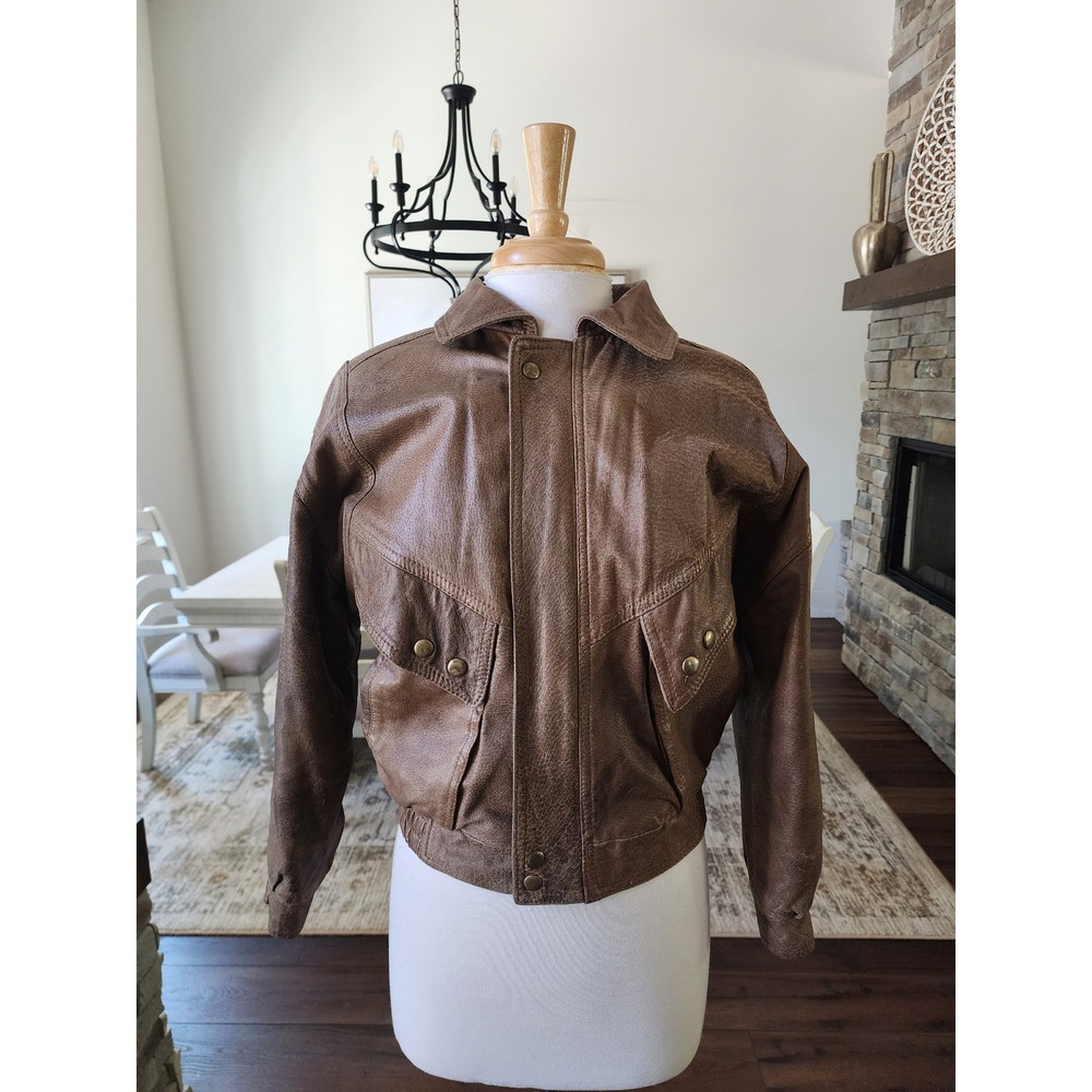 Brown Genuine Leather Bomber Jacket Vintage 80s 90s Flight Jacket